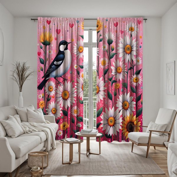2 Piezas Cortina Decorativa De Margaritas Urracas HD Cortina Rosa Con Lazo Con Estampado Digital Estilo DecoracióN Para El Hogar Decorativa Para Sala De Estar Dormitorio Ro W52H63Inchw132H160Cm-image