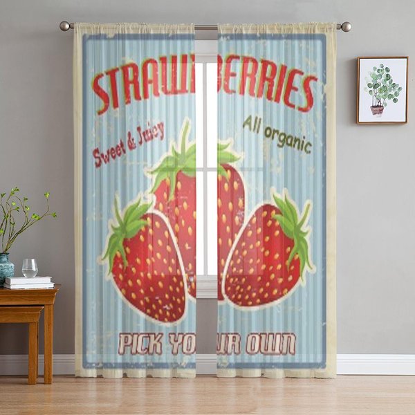 Fresas Vintage Grunge Retro PóSter Cortinas Transparentes De Gasa Para DecoracióN De Sala De Estar Dormitorio Visillos De Ventana Cortina De Tul 135W X 114H(Cm) Gray-image
