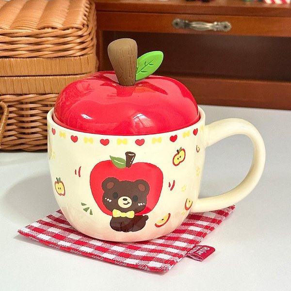 Kreatywny Ceramiczny Kubek Z JabłKiem I Pokrywką Kubek Prezent Urodzinowy Dziewczynka Kubek Do Picia Wody Retro Kubek PamiąTka 301-400Ml-image