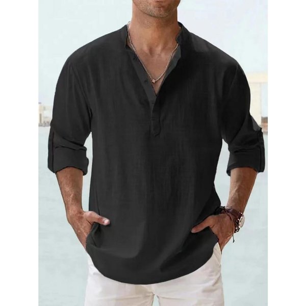 Nowe BawełNiane Lniane Koszule MęSkie Koszule Na Co Dzień Lekkie Z DłUgim RęKawem Henley Koszule PlażOwe Hawajskie T-Shirty Dla MężCzyzn Streetwear Us Xxl 90-100 Kg Czarny-image
