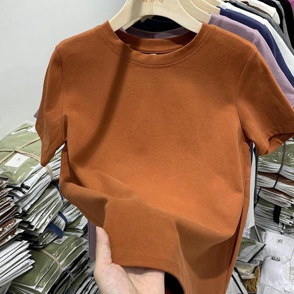 Camiseta BáSica De AlgodóN Para Mujer Para Verano Casual Y VersáTil Top De Manga Corta De Color SóLido M Naranja-image