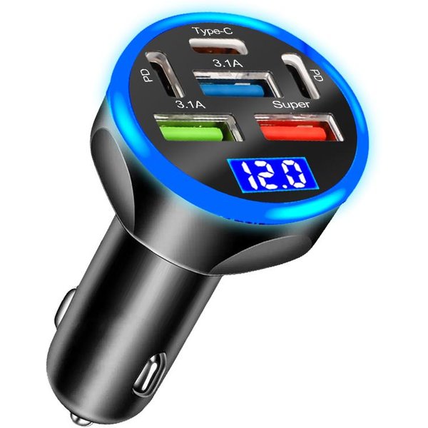 6 PortóW ŁAdowarka Samochodowa USB 4 USB + 2 PD Szybkie łAdowanie PD QC3.0 USB C ŁAdowarka Samochodowa Do Telefonu Typ C Adapter Do Iphone'a Samsung Huawei Z WyśWietlaczem NapięCia-image