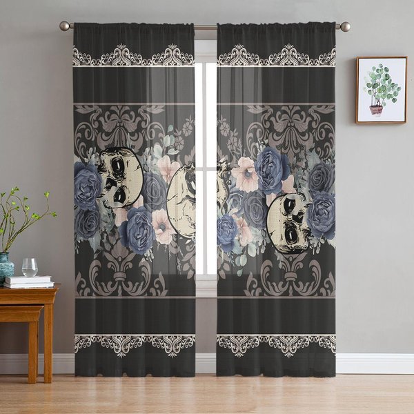 Halloweenowa Czaszka Z KwiatóW Straszne Przezroczyste ZasłOny Do Sypialni Salonu Woalowe ZasłOny Okienne Tiulowe ZasłOny Do Pokoju DziecięCego 135W X 114H(Cm) Gray-image