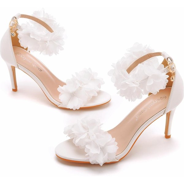 Sandalias De TacóN Alto De Correa De Una Sola Longitud Y Boca Poco Profunda De 8 Cm Sandalias Blancas Con Flor Y Boca Ligera TacóN Fino Boca De Pez Zapatos De Boda Para Novia 41 White-image