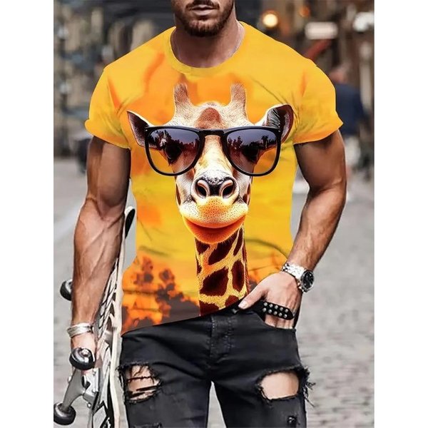 Camiseta De Verano Para Hombre Con Cuello Redondo, Estampado GráFico De Jirafa 3D, Moda Casual De Manga Corta 4XL Yellow-image