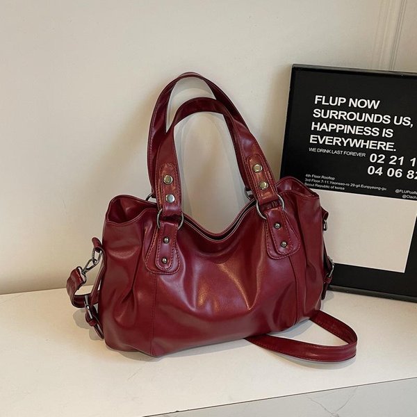 Vintage PU SkóRzana Torba Tote KubełKowa Nowa DużA Pojemność Damska Torba Na Ramię Crossbody Large Koloru Czerwonego Wina-image