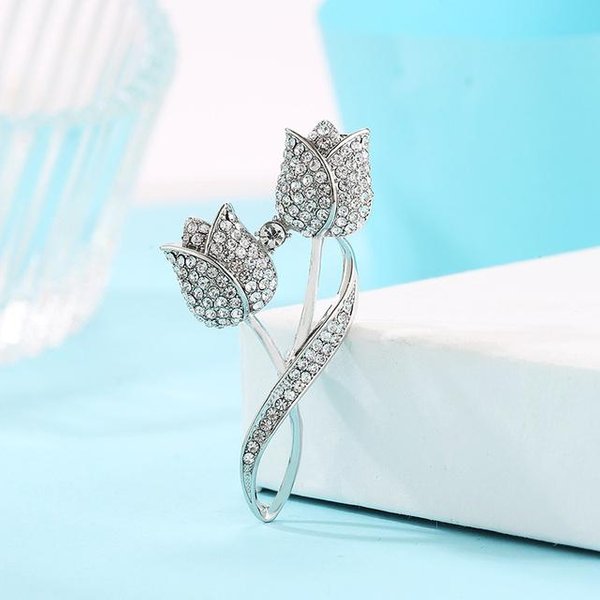 Broche De Alta Gama Broche De Flor De TulipáN Con PedreríA Broche Antideslumbrante Para Traje Pin De Solapa Ropa-image