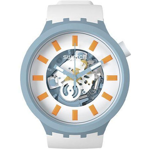 Swatch Serie Tierra Movimiento De Cuarzo DiseñO Lindo Reloj Impermeable 47 Mm Esfera Blanca Caja De BioceráMica Correa De Material De Origen BiolóGico Relojes Para Hombre SB03N101 Blue Watch Case Orange Watch Dial Gray-image