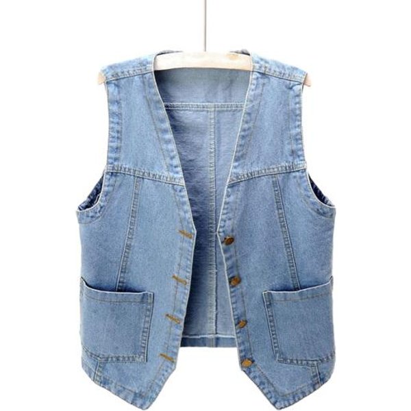 Plus Rozmiar Damski Guzik Z Przodu DżInsowa Kamizelka Vintage V Neck Bez RęKawóW Kamizelka DżInsowa Damska Jesienna Odzież Wierzchnia Kardigan Topy L-image