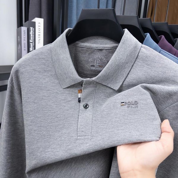 Camisa Polo De Lujo Para Hombre De AlgodóN Espalda De Tortuga Bordado De Letras Manga Larga OtoñO Cuello Solapa Camiseta Ropa De Negocios Para Hombre Xxxl Gray-image