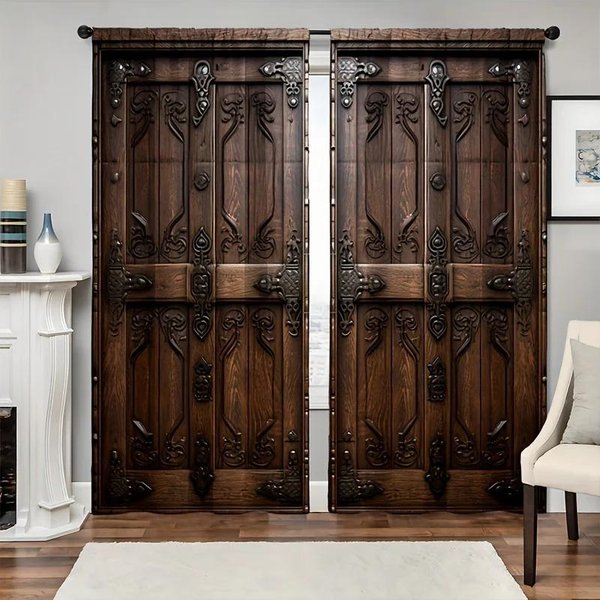 2 Piezas Puerta De Madera Shabby Retro DecoracióN Cortinas Cortinas Impresas Digitalmente En 3D Para Sala De Estar Oficina DecoracióN Del Hogar Nueva Moda W70Xh165(Cm)X2Pcs&Grommet Top-image
