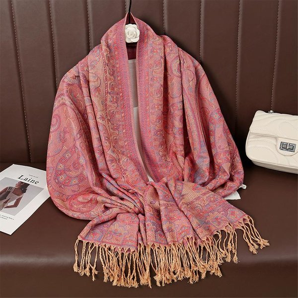 Bufanda Pashmina Estampado Paisley Para Mujer Jacquard Estampado De Anacardo Bufandas Bordes De Flores Borlas Femeninas Mantas Envolventes Chales ÉTnicos 70X190CM Brown-image
