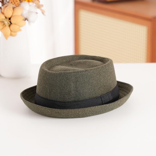 Filcowy Kapelusz Bowler Z Teksturowanym Dnem I PodwinięTym Rondem | Brytyjski Styl Vintage | Unisex Jesień Zima Casualowy Fedora 58Cm Oliwkowy-image