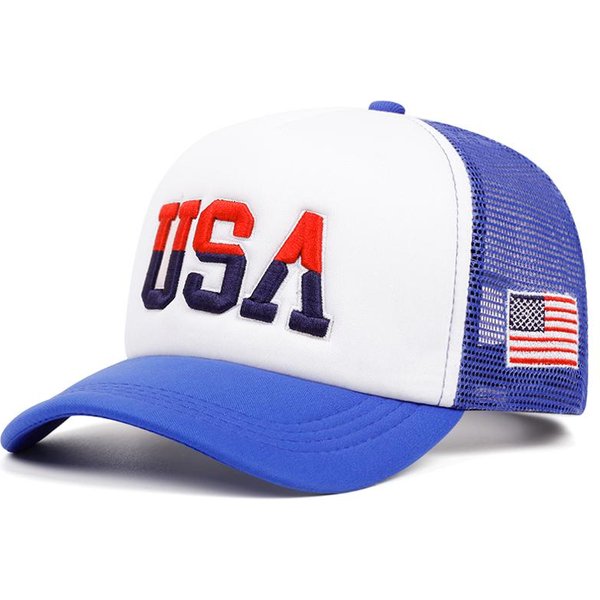 Nowa BawełNiana Czapka Siatkowa USA Haftowana Z Boku Flaga AmerykańSka Modna Czapka Hip Hopowa Outdoorowa Czapka PrzeciwsłOneczna Regulowana Czapka Baseballowa Blue-image