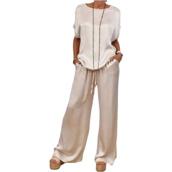 Conjunto De 2 Piezas De Blusa Y PantalóN Para Mujer, De SatéN, Con Cuello Redondo, Manga Corta, Pierna Ancha, Cintura EláStica, Pantalones Con Bolsillos, Ropa Informal Diaria Holgada XL White-image