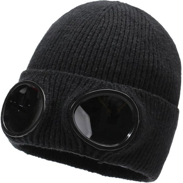 Czapka Dziergana Aviator Zimowa Czapka Z Okularami PrzeciwsłOnecznymi Gogle Wiatroodporna Czapka Ochrona Uszu CiepłA WełNiana Czapka Czarny-image