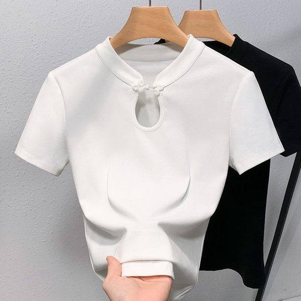 Camiseta Retro De Manga Corta Para Mujer Verano Nueva Camiseta De AlgodóN De Color SóLido Con Cuello Alto Nuevo Estilo Chino Botones Huecos 3XL Blanco-image