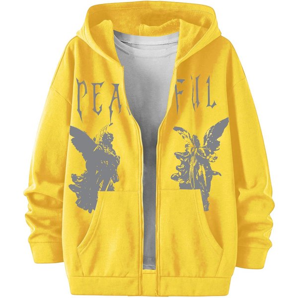 MęSka Zimowa Bluza Z Kapturem Na Zamek Z Nadrukiem AniołA W Stylu Y2K, Kieszeń Z Przodu, DłUgi RęKaw, Casualowy Streetwear, Bluza Z Kapturem XL żółTy-image