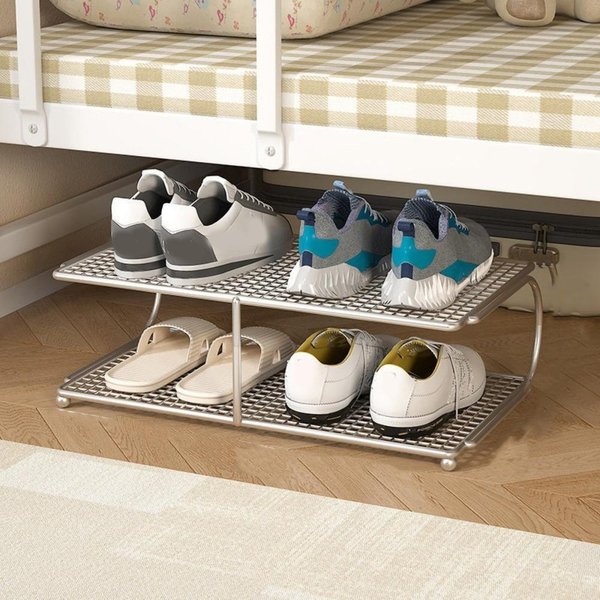 Zapatero Multicapa De Gran Capacidad Ahorro De Espacio Organizador De Zapatos Zapatero De Metal Dormitorio Silver 2 Layers White-image