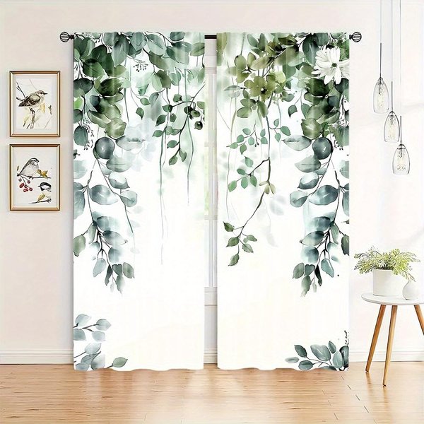 2 Piezas Cortinas De ImpresióN Digital Flores Verdes Hojas Verdes Cortinas Estilo Rural Para Salas De Estar Cocinas BañOs Pasillos 100W160H(Cm)40X63In&Grommet Top-image