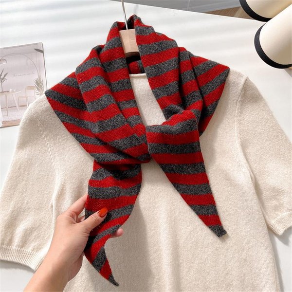 Bufanda De Punto Para Mujer Lana Invierno CáLida Rayas Brillantes DiseñO Espesado Chal Suave TriáNgulo Pashmina Cuello 40X120Cm Red-image