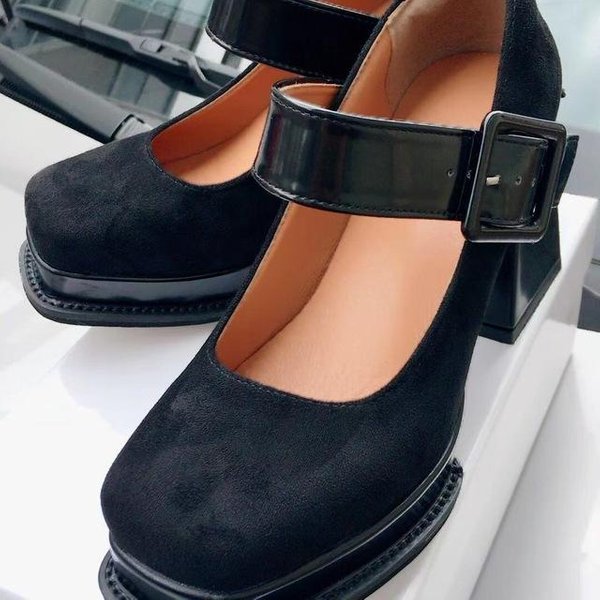Platforma Szpilki Obcasy Mary Janes Buty Damskie Lakierki SkóRzane Grube Kwadratowe Noski Klamra Gotyckie Damskie CzółEnka Obcasy Buty 40 Brown-image