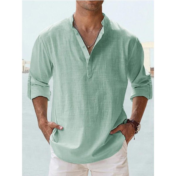 Nowe BawełNiane Lniane Koszule MęSkie Koszule Na Co Dzień Lekkie Z DłUgim RęKawem Henley Koszule PlażOwe Hawajskie T-Shirty Dla MężCzyzn Streetwear Us S 50-60 Kg Zielony-image