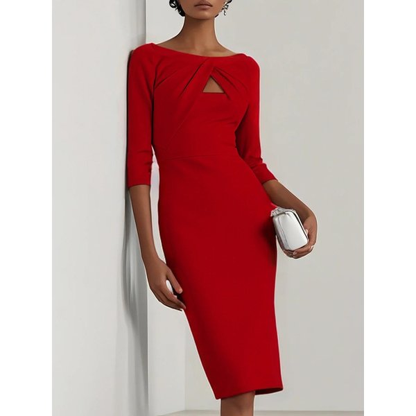Vestido Midi De Mujer Cuello Barco Manga 3/4 Ajustado Liso Con Corte Fruncido Bodycon Vestido De Fiesta XL Rojo-image