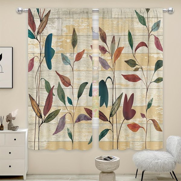 2 Piezas Cortinas De Cocina BotáNicas De Acuarela - DiseñO De Hojas Coloridas Para Sala De Estar, Dormitorio Y Cocina DecoracióN Del Hogar W70X165H(Cm)X2Pcs&Hook-image