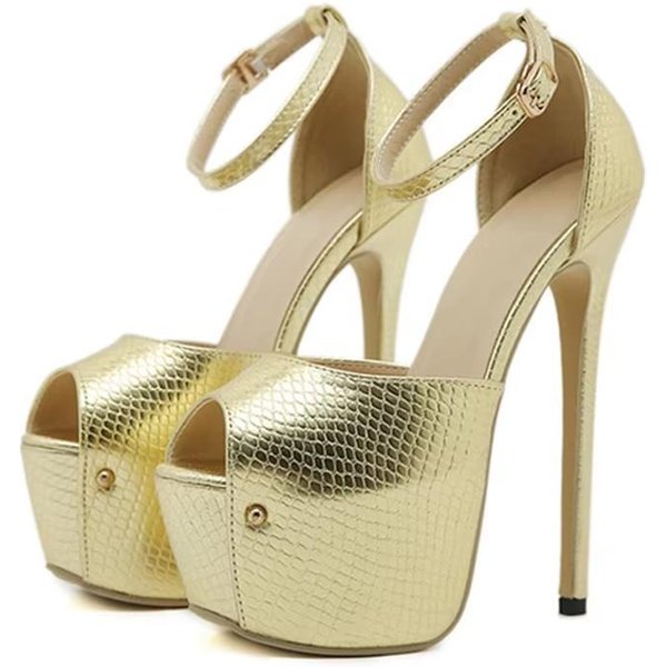 Liyke Seksowne SandałY Na Szpilce Peep Toe Bardzo Wysokie Obcasy Kobieta Buty Na Wesele Bankiet Modne CzółEnka Platformy Z WężOwym Wzorem Pasek Na Kostkę 35 ZłOcisty-image