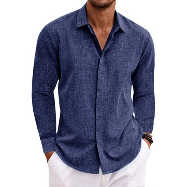 Camiseta De Lino Para Hombre De Manga Larga Sudadera Holgada Camisa De AlgodóN Y Lino De Color SóLido Manga Larga Camisa Para Hombre De Talla Grande L Azul Marino-image