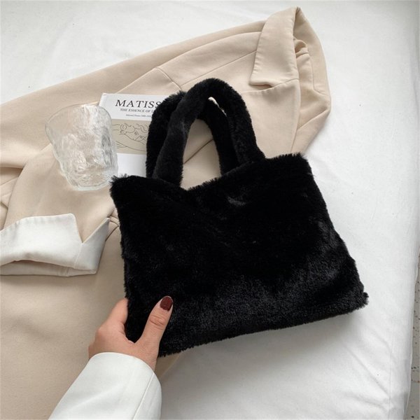 Urocza Pluszowa Torba Typu Tote Ze Sztucznego Futra Dla Kobiet MięKka Jesienno-Zimowa Torba Na Ramię Puszysta Torba Shopper Wszechstronna WyśCiełAna Torebka Czarny-image
