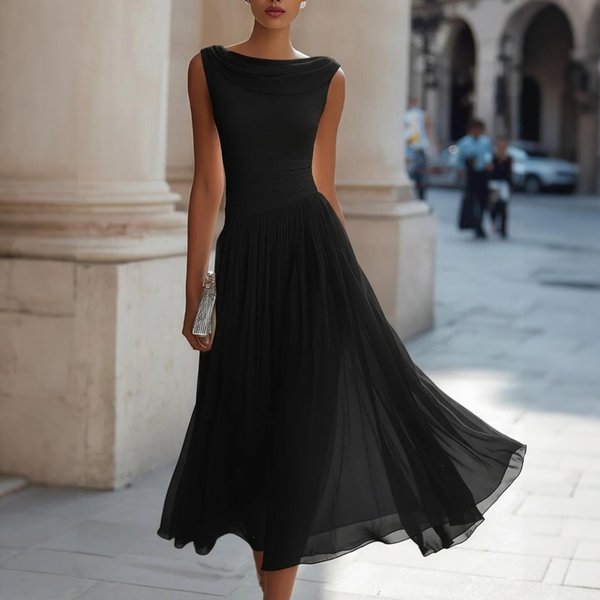 Vestido Midi Sin Mangas Con Cuello Drapeado Para Mujer DiseñO Elegante Liso Fluido De LíNea A Adecuado Para Vacaciones Y Uso Diario L-image