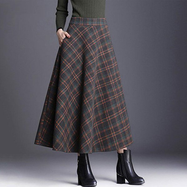 Invierno Nueva Moda VersáTil Falda Media De Lana De Cintura Alta Para Mujer Estampada Cuadros Patchwork Bolsillos CáLida LíNea A Falda Grande Con Vuelo XL Naranja-image