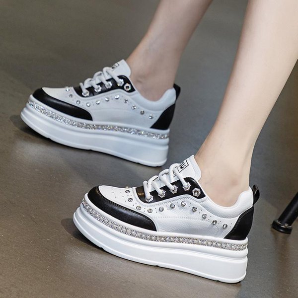 Zapatillas Deportivas De Moda Casual Para Mujer De Cuero Genuino, Chunky Con Brillo, Plataforma De CuñA, Vulcanizadas, OtoñO Primavera, TacóN Oculto, Zapatos De Mujer 40 Negro-image