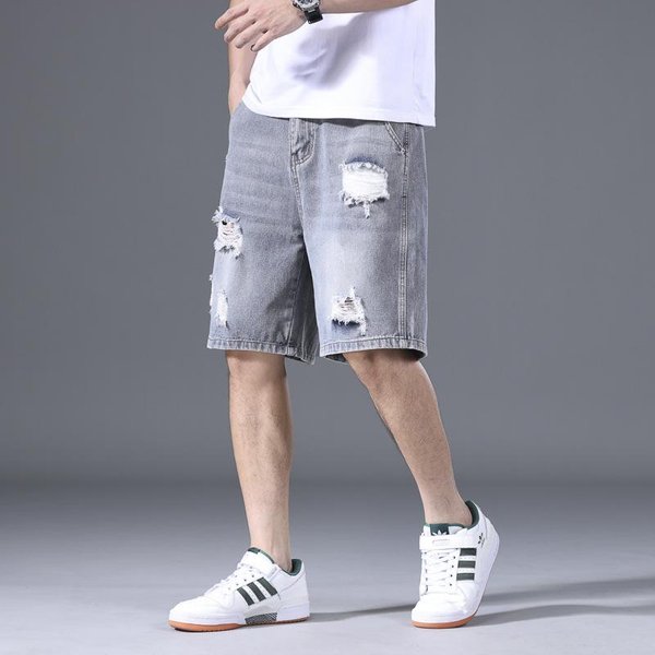 Pantalones Cortos De Mezclilla Rasgados Estilo Roto Retro Casual Para Hombre, Pantalones Flojos De Cinco Puntos, Pantalones Delgados De Verano 38 Gray-image