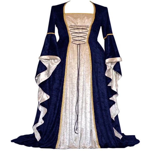 Vestido Largo Medieval Vintage De Terciopelo Dorado Con Mangas Acampanadas Y Cuello Halter, Estilo Europeo Y Americano. 5XL Azul Marino-image