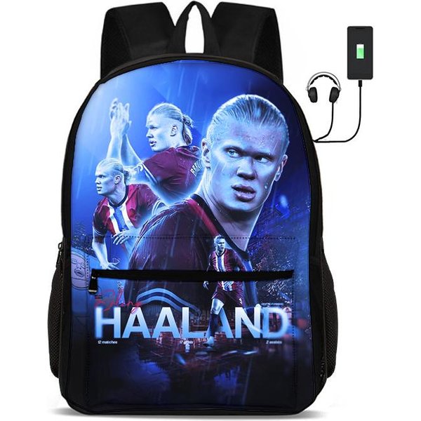 Haaland Mochilas Escolares Infantiles Mochila Estrella De FúTbol Con Interfaz USB Bolsa Para Estudiante Rucksack Deporte FúTbol Mochila Para Libros Regalo Para NiñOs-image