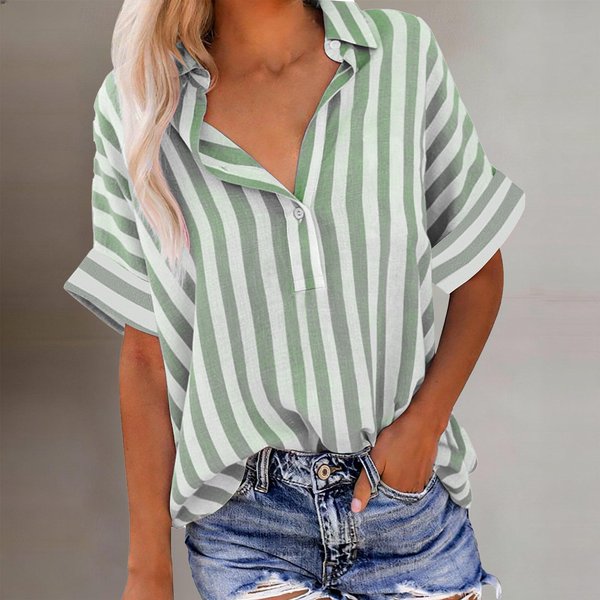 Camisa De Mujer De Corte Holgado Con Rayas Verticales, Manga Corta, Botones, Cuello, Blusa Casual Ligera XL Gray-image