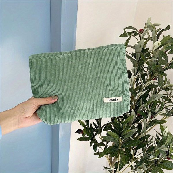Neceser De Viaje De Pana Para Mujer, Bolsa De Almacenaje Para Maquillaje PortáTil, Monederos De Gran Capacidad Con Cremallera, Organizador De Maquillaje, Bolso De Mano Caqui-image