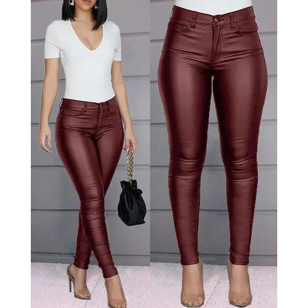 Modne PU SkóRzane Spodnie Damskie Jesienne Czarne Casual Office Lady OłóWkowe Spodnie Damskie Legginsy Zimowe Solidne Spodnie Z Wysokim Stanem 24377 Xxxl Burgund-image