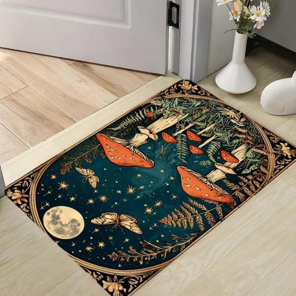 KsiężYcowy Grzybowy Dywanik Czarny NieśLizgająCy Się Mata PodłOgowa Czarna Podstawa NiebiańSki Kwiatowy Zmywalny Wycieraczka Przed Drzwi 30X50Cm-image