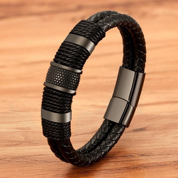 Pulsera De Acero Inoxidable Para Hombre Pulsera De Cuero Trenzado Pulseras De Hombre Punk De Moda 21Cm-image