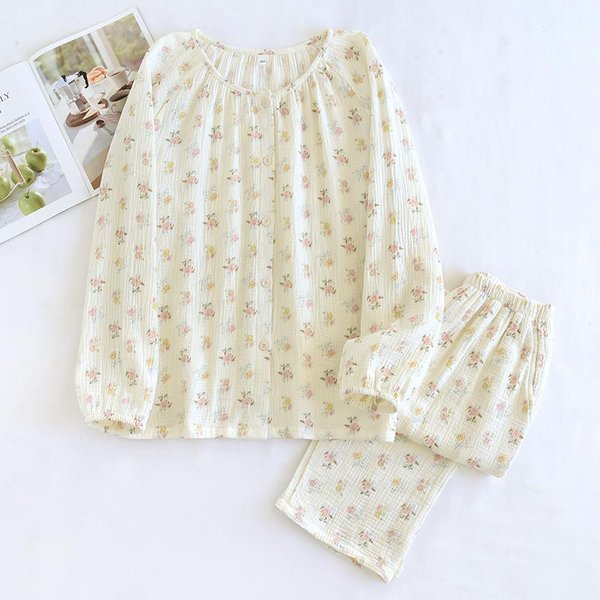 Conjunto De Pijama Para Mujer De Primavera Y Verano Nuevo 100% AlgodóN Crepé Manga Larga PantalóN CáRdigan Cuello Redondo Conjunto De Dos Piezas Fresco Para Casa 2XL Beige-image