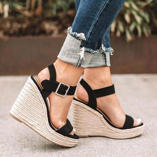 Letnie Buty Damskie SandałY Na Platformie Damskie Wygodne Kliny Wysokie CzółEnka Sandalia Espadryle Kobiece Lato Plus Rozmiar 43 39 Black-image