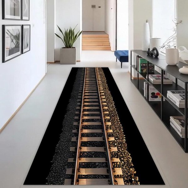 Dywanik Mat Dywanik Z Wzorem Tory Kolejowe 3D Realistyczny WzóR Kolejowy AntypośLizgowy Dekoracja Domu Do Salonu Sypialni Dekoracja Salonu 50X150Cm(20X59In)-image