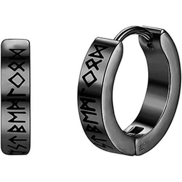 1 Par 12Mm Runas NóRdicas Vikingas Pendientes De Aro Para Hombre Mujer Punk Acero Inoxidable 316L Huggie Aro Vintage Escandinavo JoyeríA De Oreja Negro-image