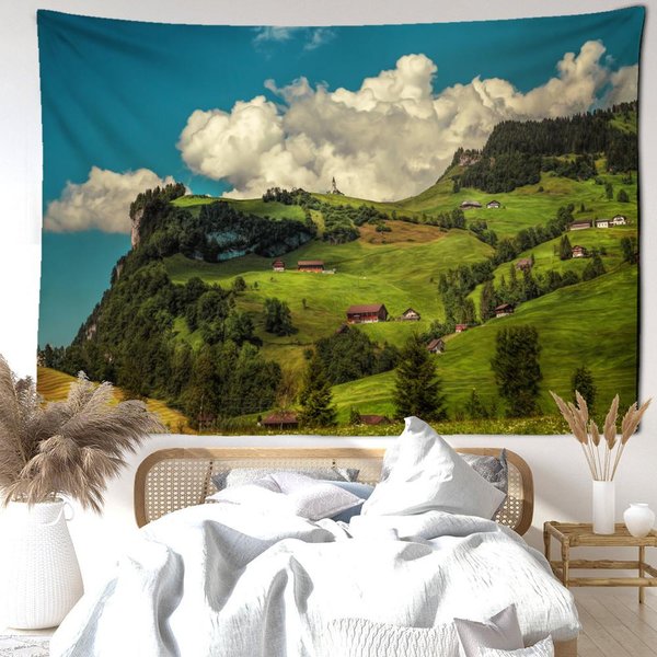 Tapiz De Pared Con DiseñO De Casa De Bosque Y MontañA, Paisaje Natural, Arte Bohemio, Simplicidad, DecoracióN Del Hogar Para Sala De Estar Y Dormitorio 95X70Cm Black-image