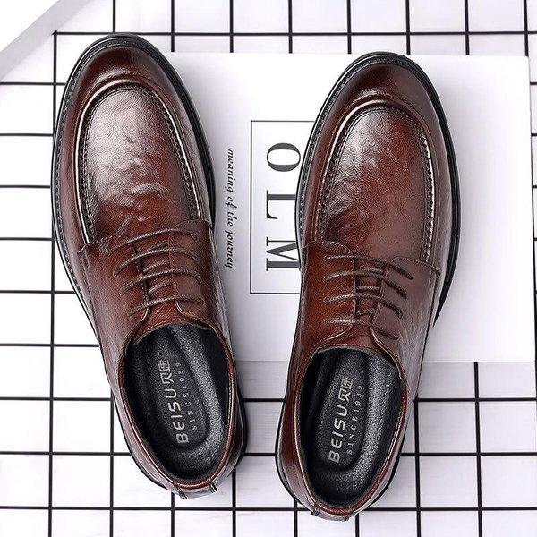 Zapatos De Cuero Para Hombre, Nuevo PatróN De Agarre Manual, Zapatos De Cuero Informales De Negocios Para Hombre, VersióN Coreana, Para Trabajo, Novio, Boda 45 MarróN-image