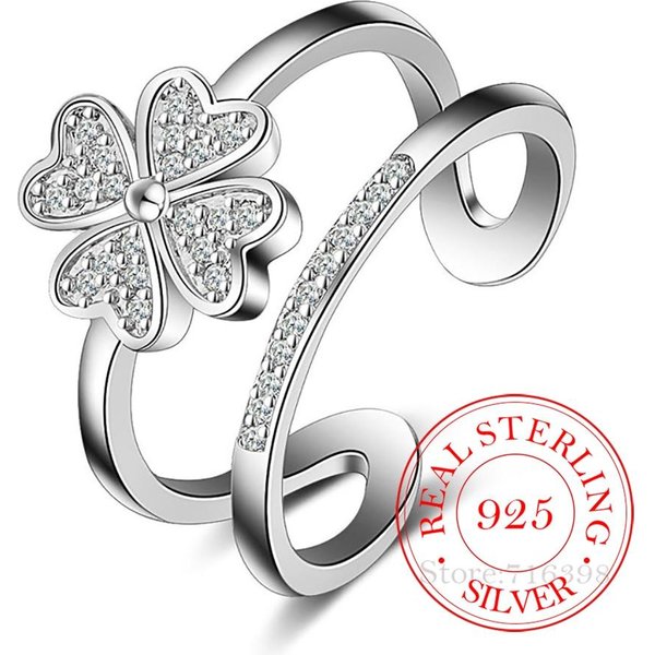 Anillos De Plata De Ley 925 Para Mujer Mosaico Circonita CúBica TréBol De Cuatro Hojas De La Suerte Anillos Multicapa Redimensionables Bague Regalo De Boda Resizable White-image